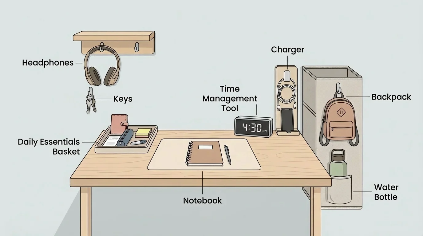 Study area with labeled homes for charger, headphones, notebook, keys, water bottle, backpack, and a basket for daily essentials