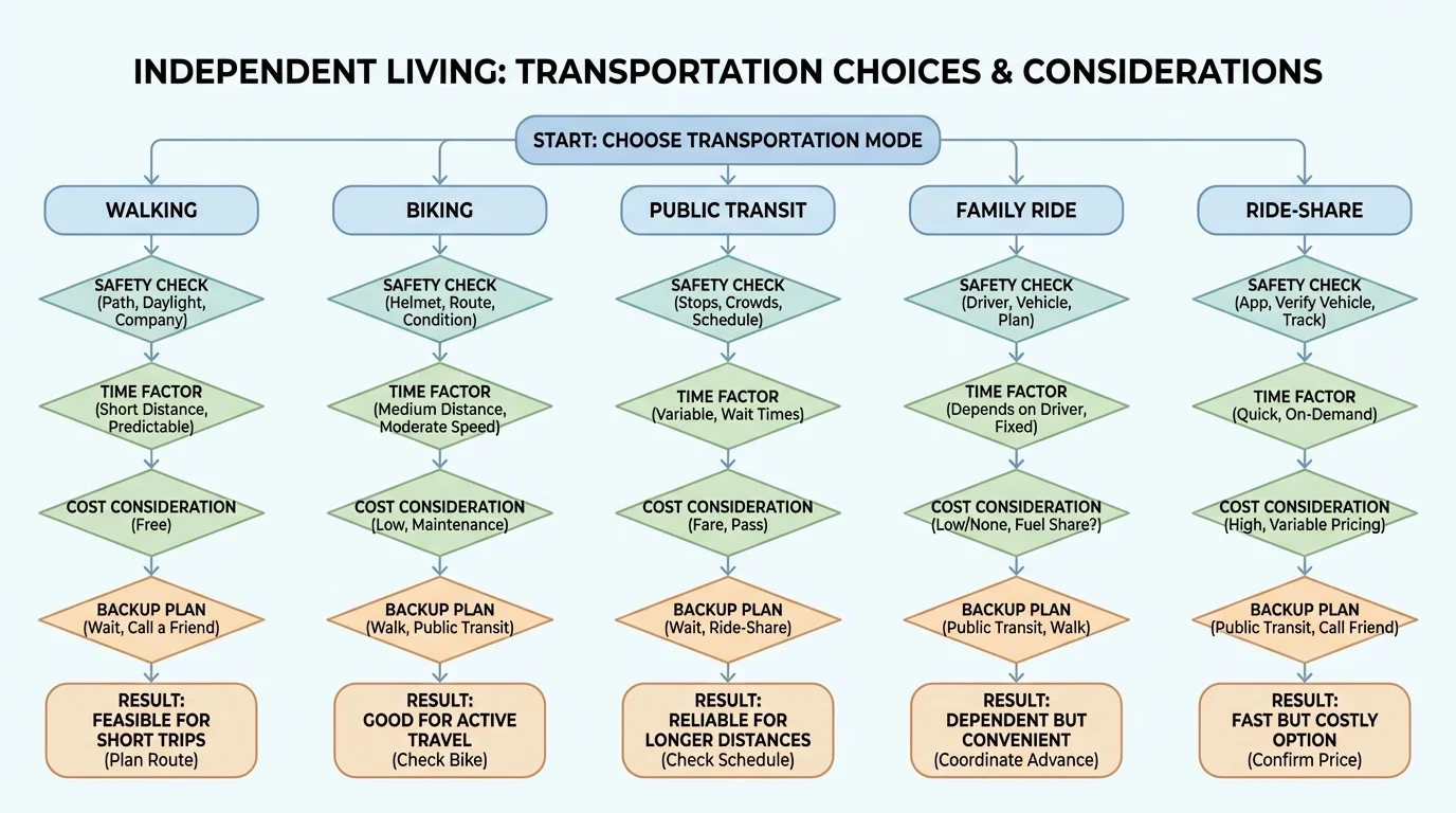 flowchart comparing walking, biking, public transit, family ride, and ride-share with decision points for safety, time, cost, and backup plan
