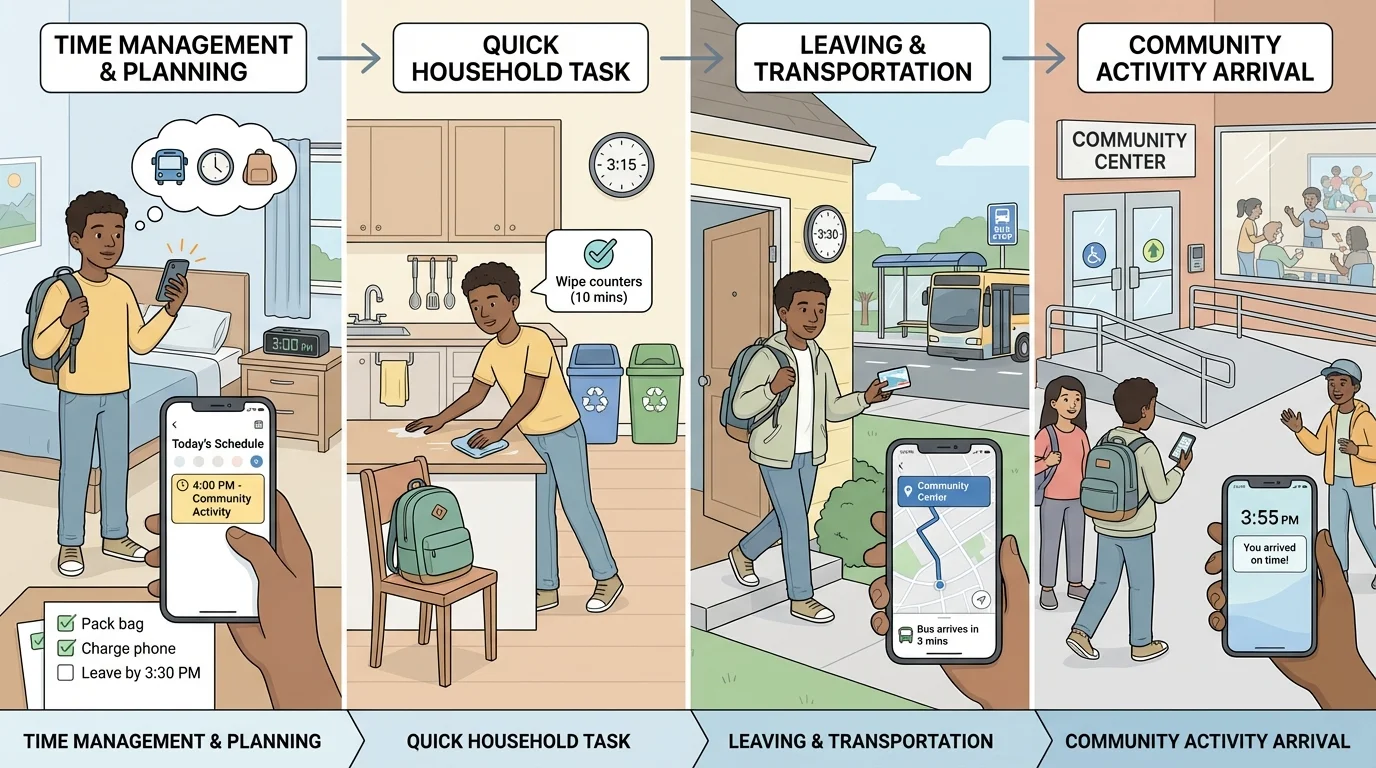 illustration of a teen checking a phone calendar, packing items, doing a quick chore, leaving home on time, and arriving at a community activity