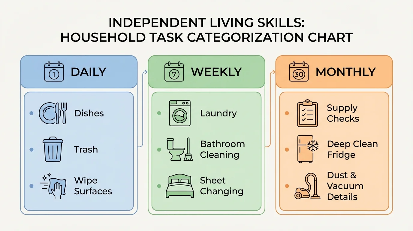 chart grouping household tasks into daily, weekly, and monthly categories including dishes, trash, laundry, bathroom cleaning, sheet changing, and supply checks