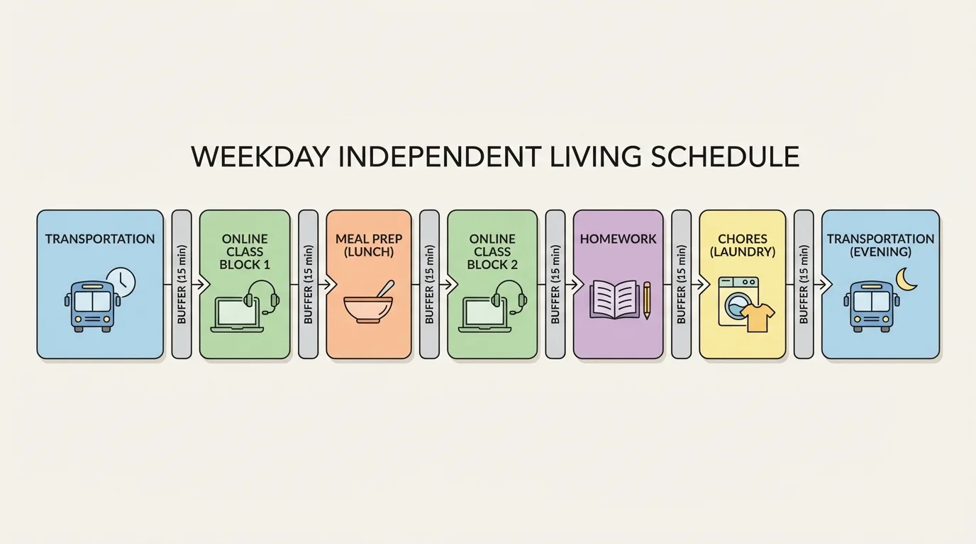 chart showing a weekday schedule with online class blocks, homework, chores, meal prep, transportation time, and a 15-minute buffer between major tasks