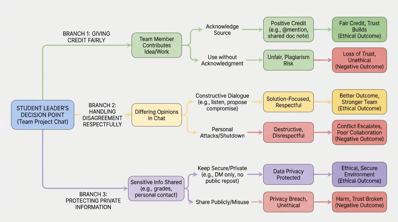 online student leader decision flow for a team project chat with branches about giving credit fairly, handling disagreement respectfully, and protecting private information