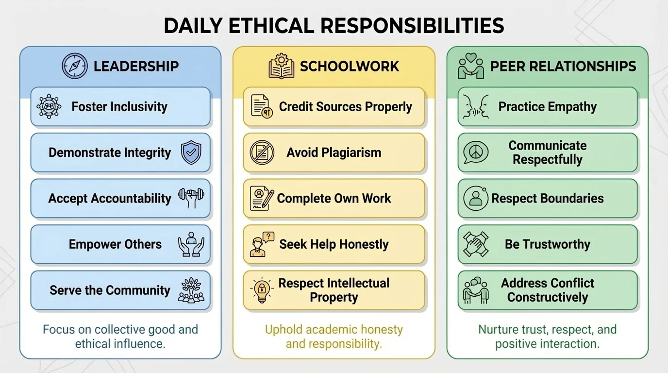 three-column chart of daily ethical habits for leadership, schoolwork, and peer communication