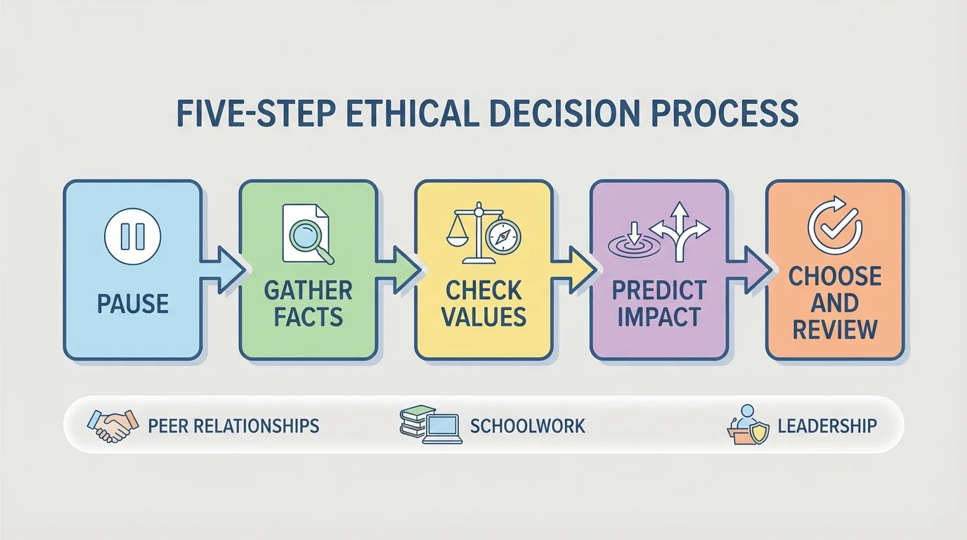 five-step ethical decision process with boxes labeled pause, gather facts, check values, predict impact, choose and review