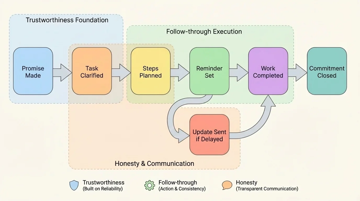 flowchart showing promise made, task clarified, steps planned, reminder set, work completed, update sent if delayed, commitment closed