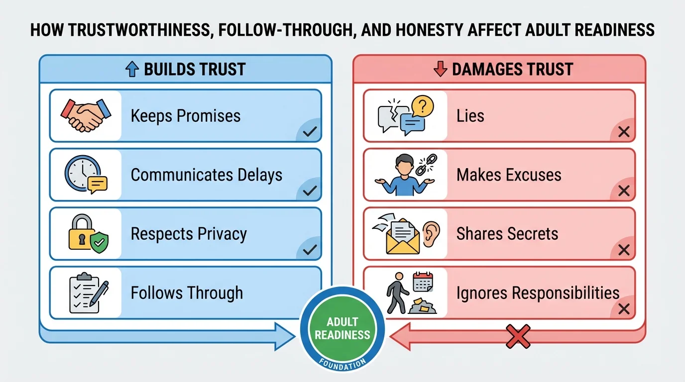 comparison chart with two columns labeled builds trust and damages trust, showing examples like keeps promises, communicates delays, respects privacy versus lies, makes excuses, shares secrets, ignores responsibilities