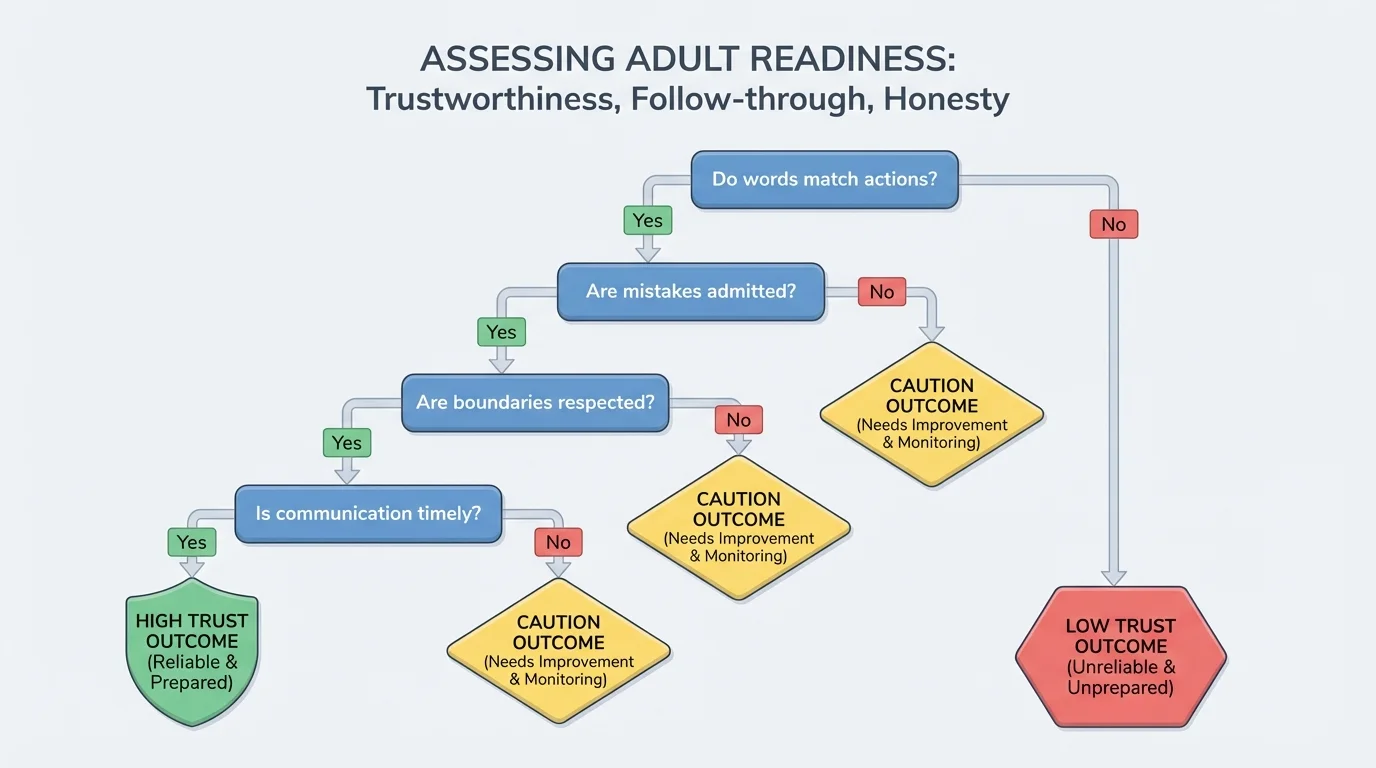decision tree asking do words match actions, are mistakes admitted, are boundaries respected, is communication timely, leading to high trust, caution, or low trust outcomes