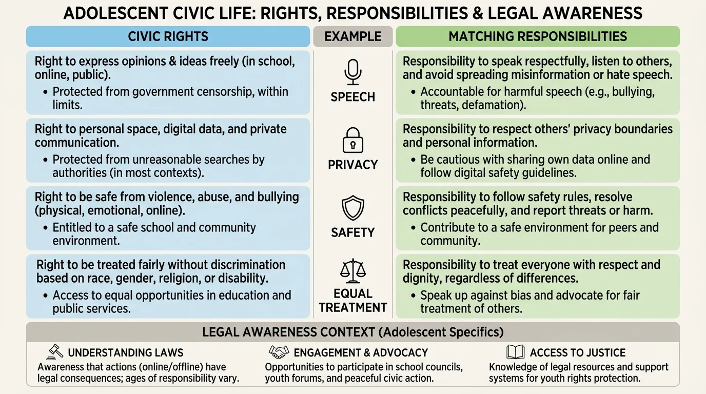 chart comparing teen civic rights with matching responsibilities and realistic examples such as speech, privacy, safety, and equal treatment