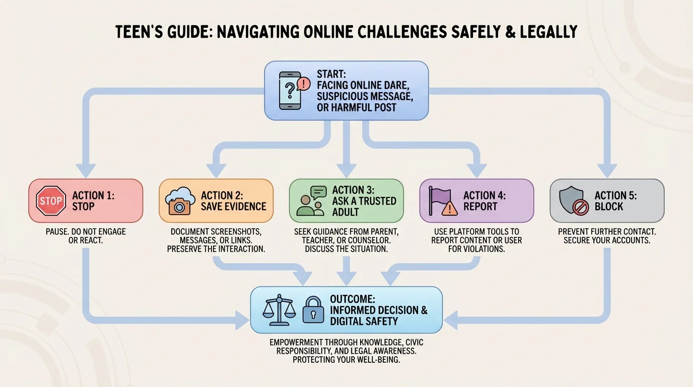 decision tree for a teen facing an online dare, suspicious message, or harmful post, with branches for stop, save evidence, ask a trusted adult, report, and block