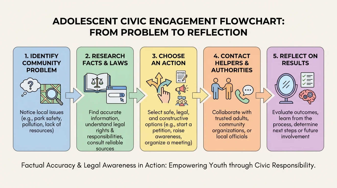 flowchart showing steps from identifying a community problem to researching facts, choosing an action, contacting helpers, and reflecting on results