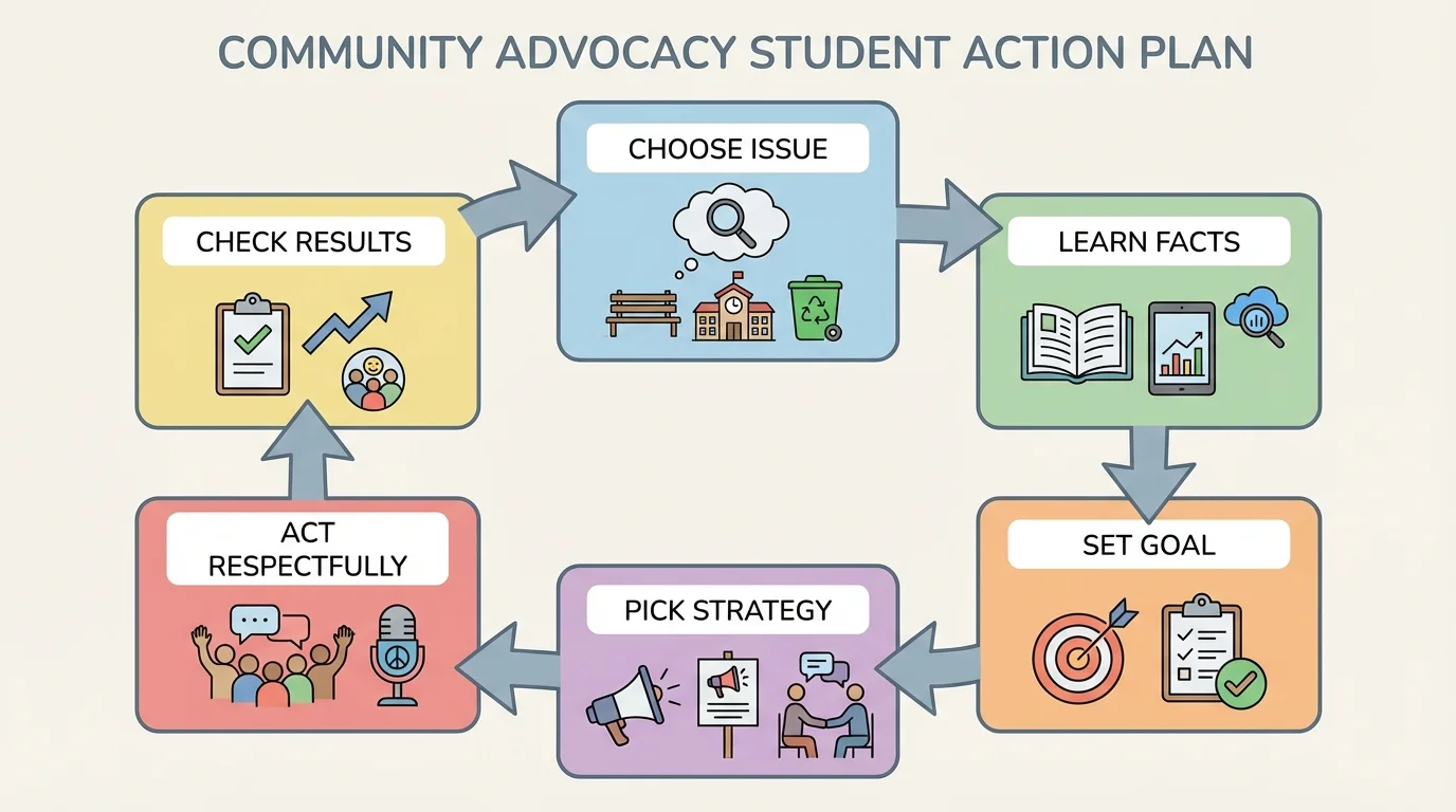 Student action plan with boxes labeled choose issue, learn facts, set goal, pick strategy, act respectfully, and check results