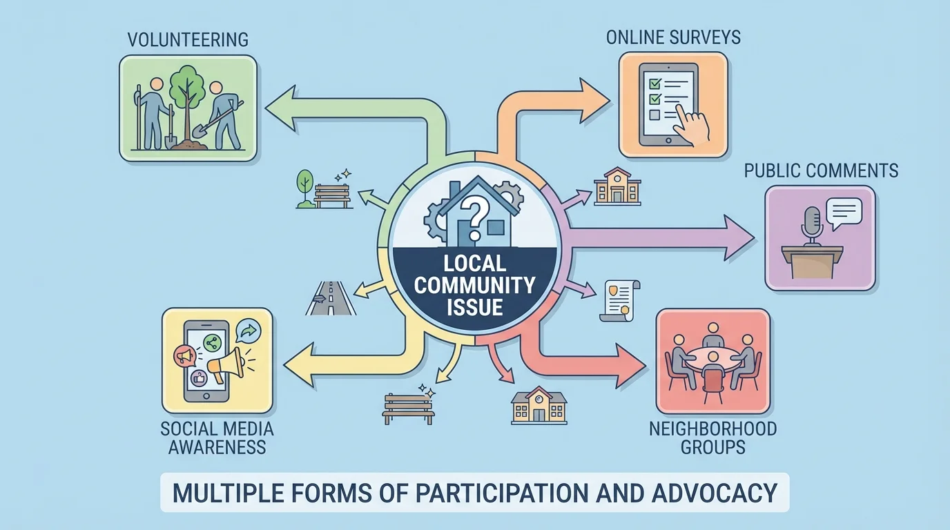 Local community issue in the center with branches to volunteering, online surveys, public comments, neighborhood groups, and social media awareness, showing multiple forms of participation