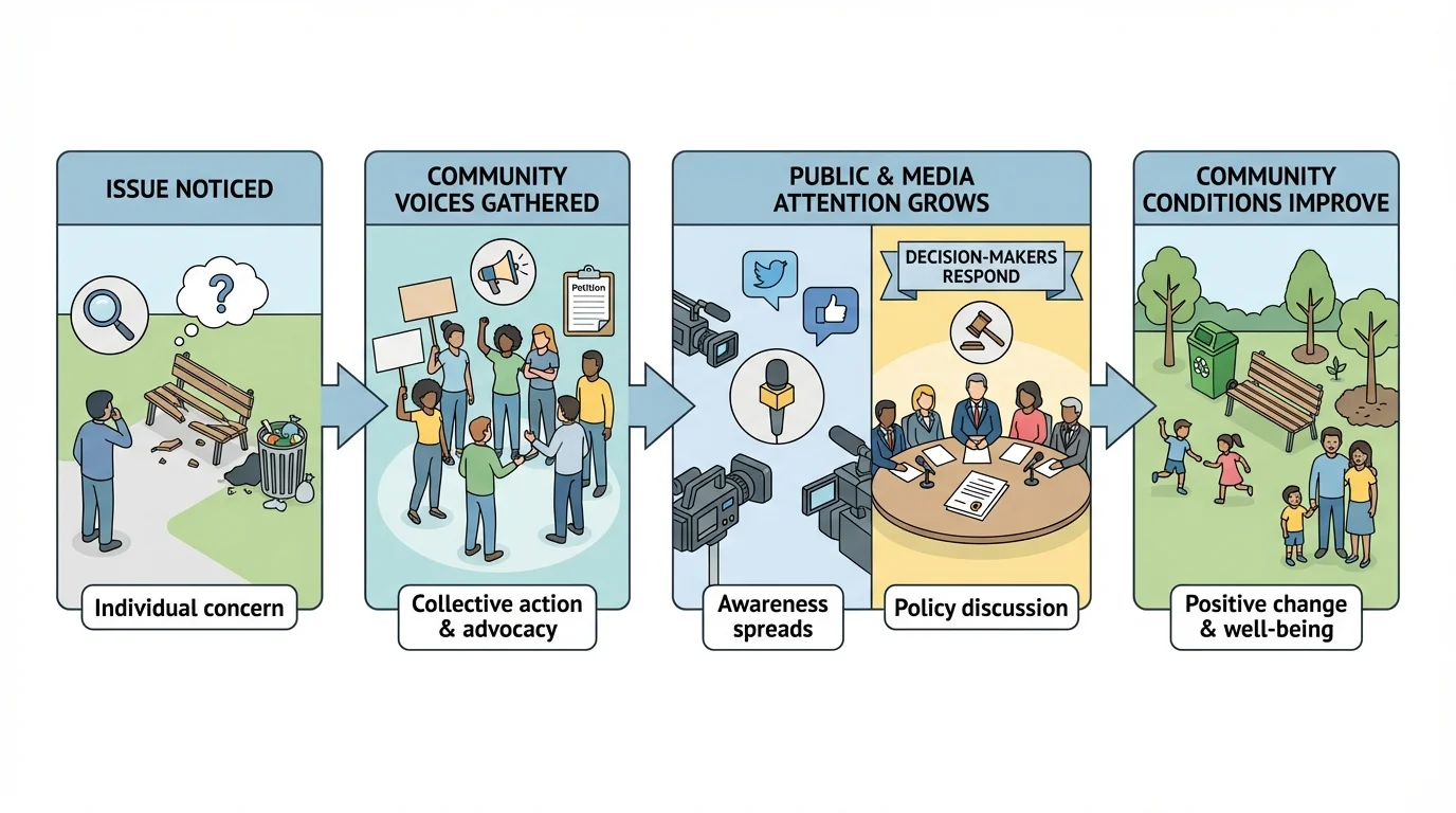 Sequence showing issue noticed, community voices gathered, public or media attention grows, decision-makers respond, and community conditions improve