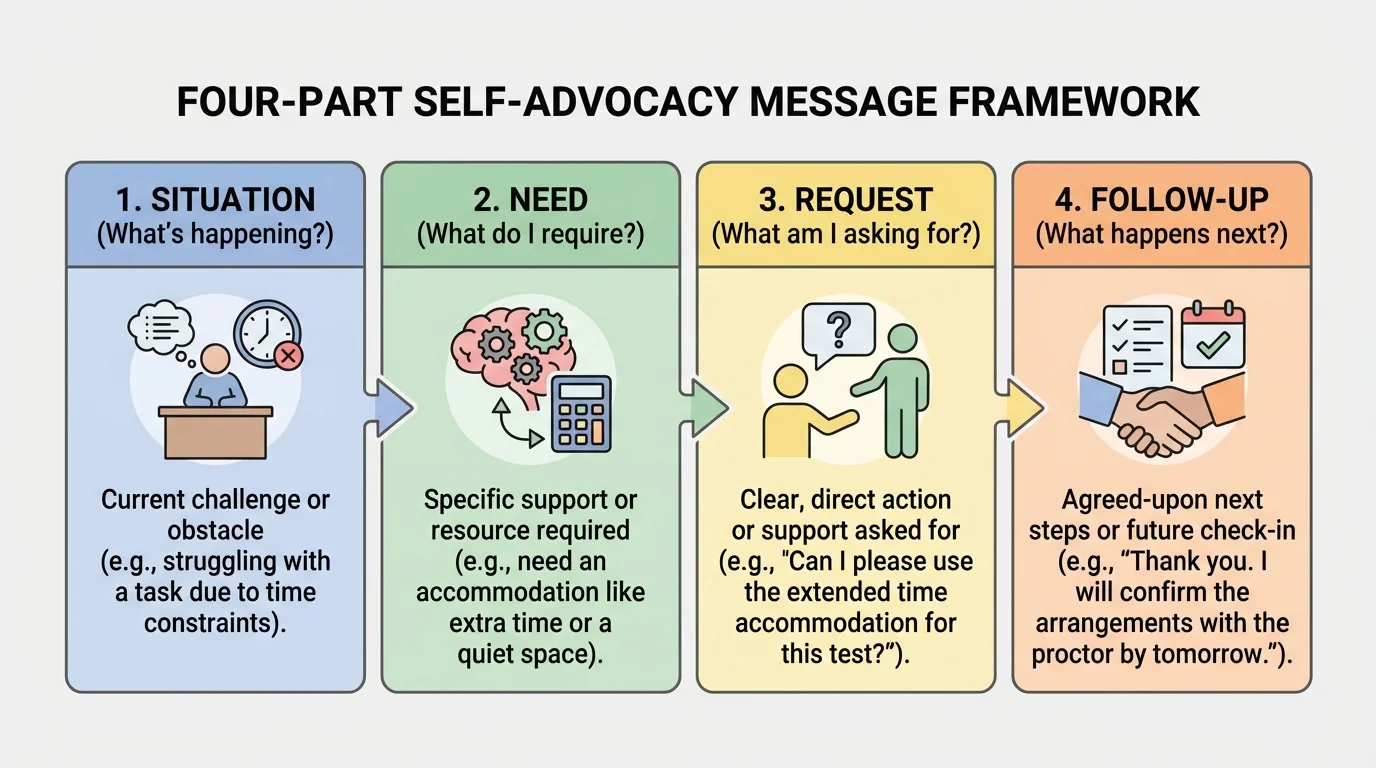 Chart showing a four-part self-advocacy message with situation, need, request, and follow-up