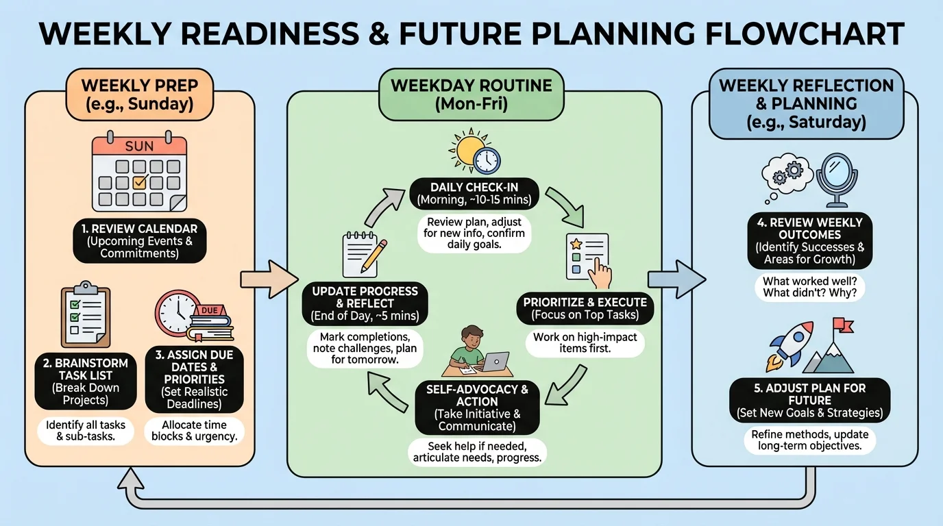 Flowchart of a student's weekly planning routine with calendar, task list, due dates, and daily check-ins
