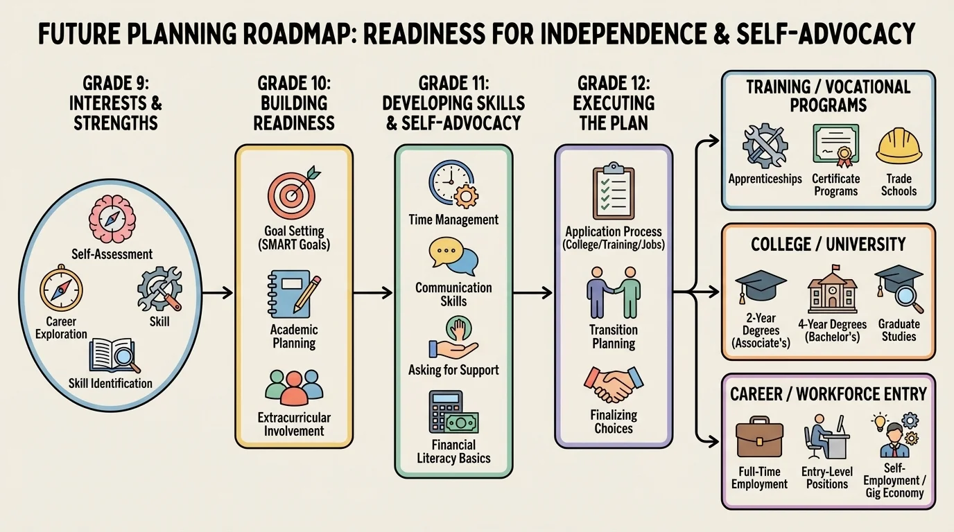 Illustration of a future planning roadmap from grade 9 interests and strengths to training, college, or career steps