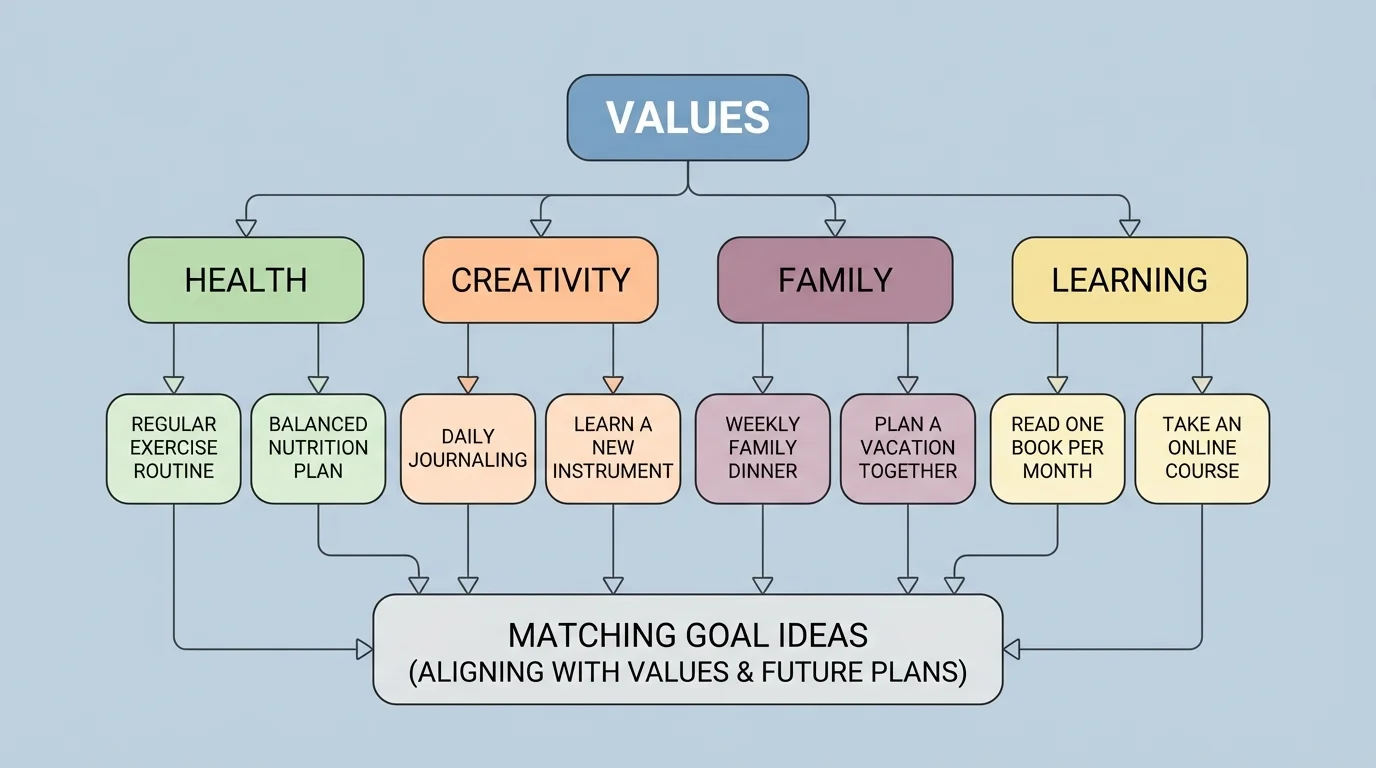 flowchart showing personal values such as health, creativity, family, and learning leading to matching goal ideas