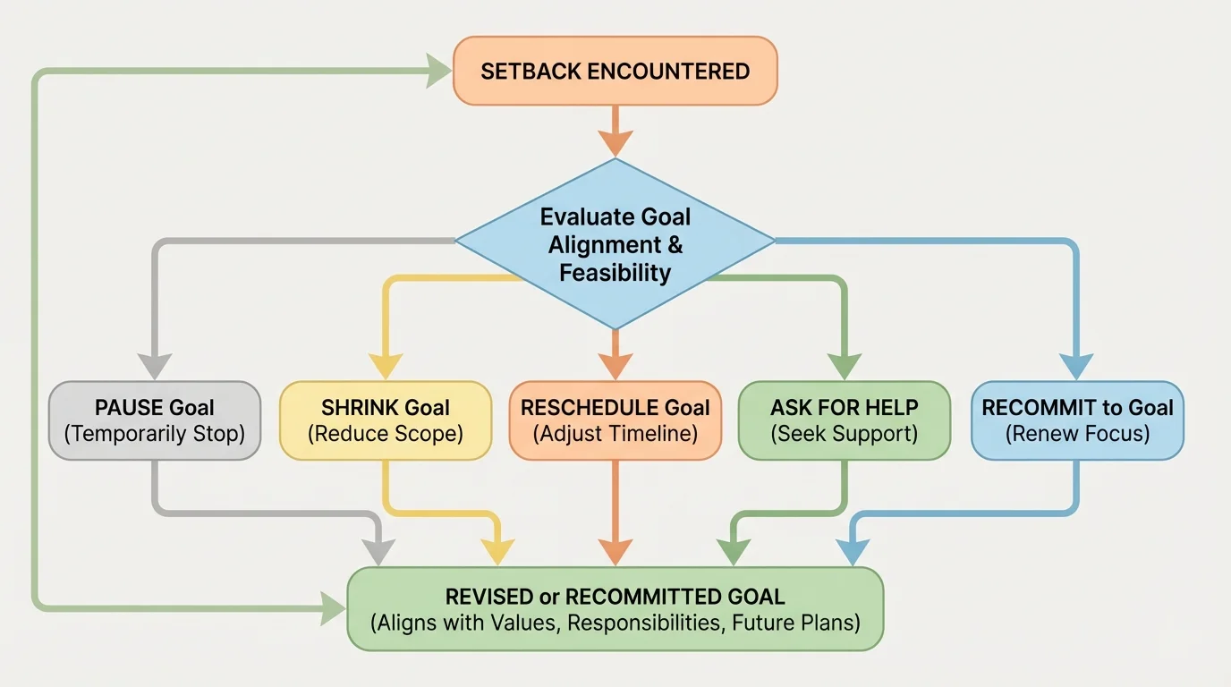 flowchart showing choices such as pause, shrink, reschedule, ask for help, or recommit after a setback