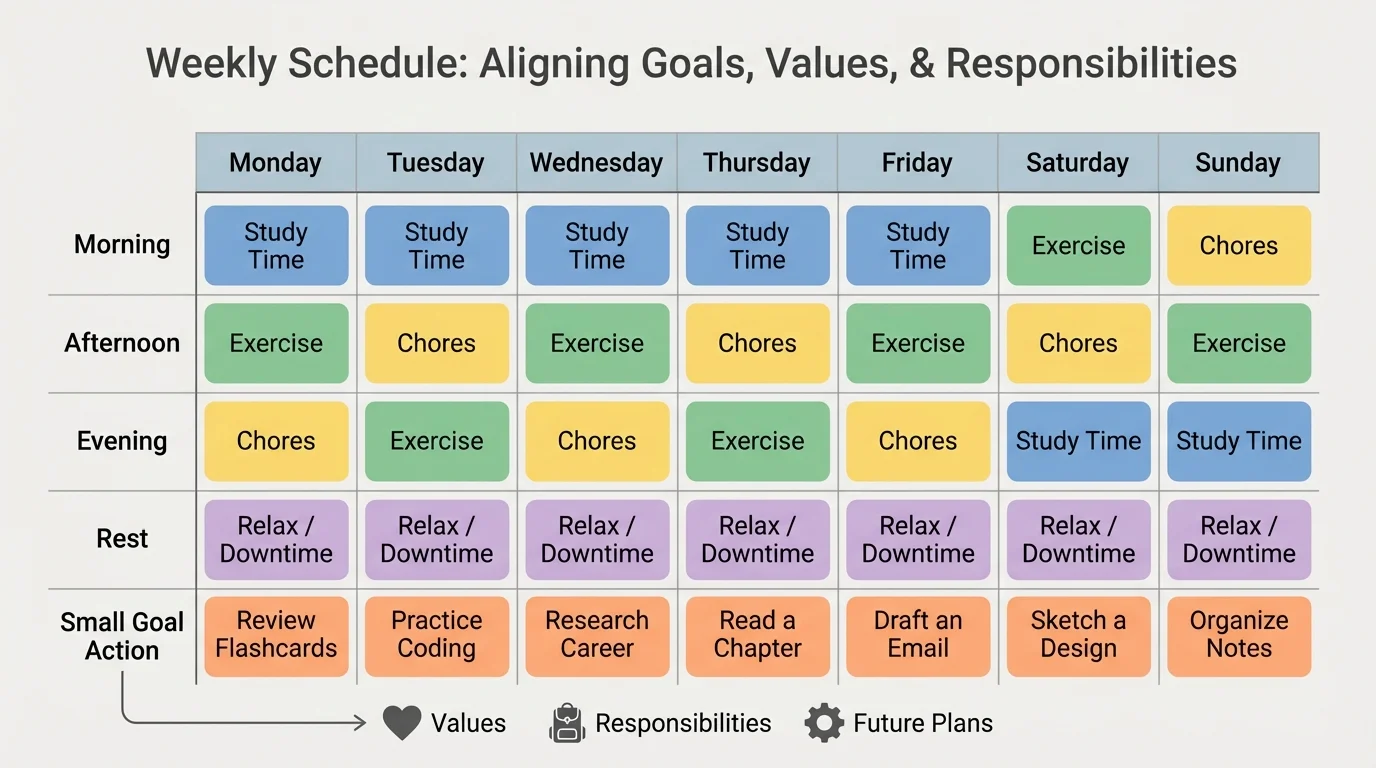 chart showing a weekly schedule with study time, exercise, chores, rest, and one small goal action each day