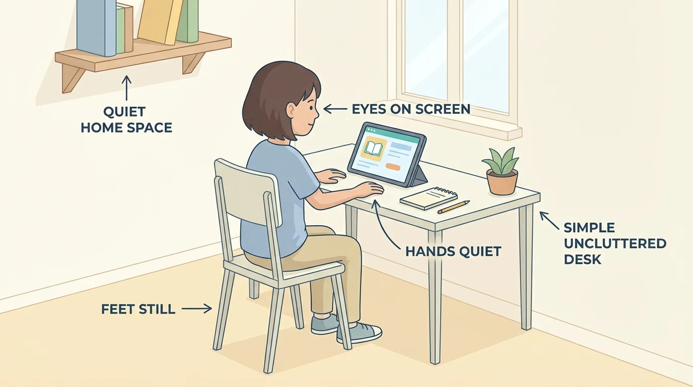 Child at home learning space with feet still, hands quiet, eyes on screen, and a simple uncluttered desk