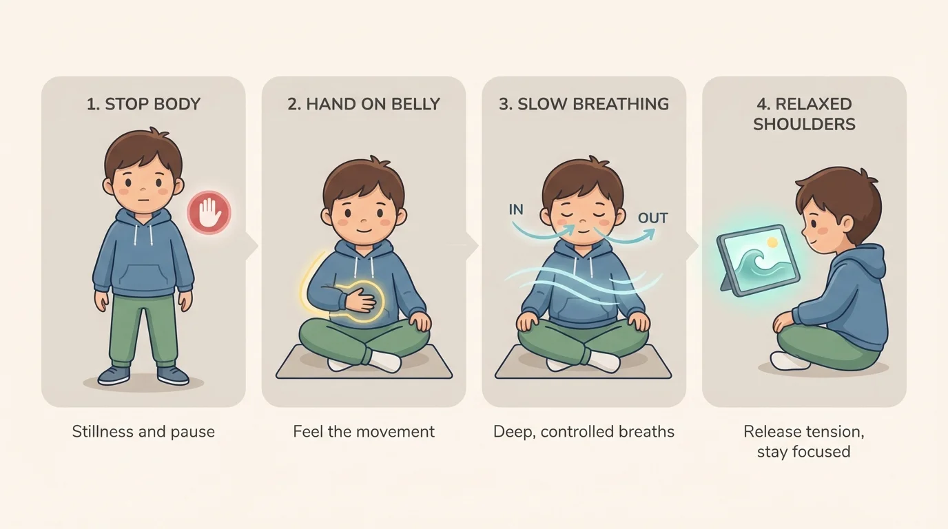 Child doing four calm-down steps: stop body, hand on belly, slow breathing, relaxed shoulders, eyes looking at screen calmly