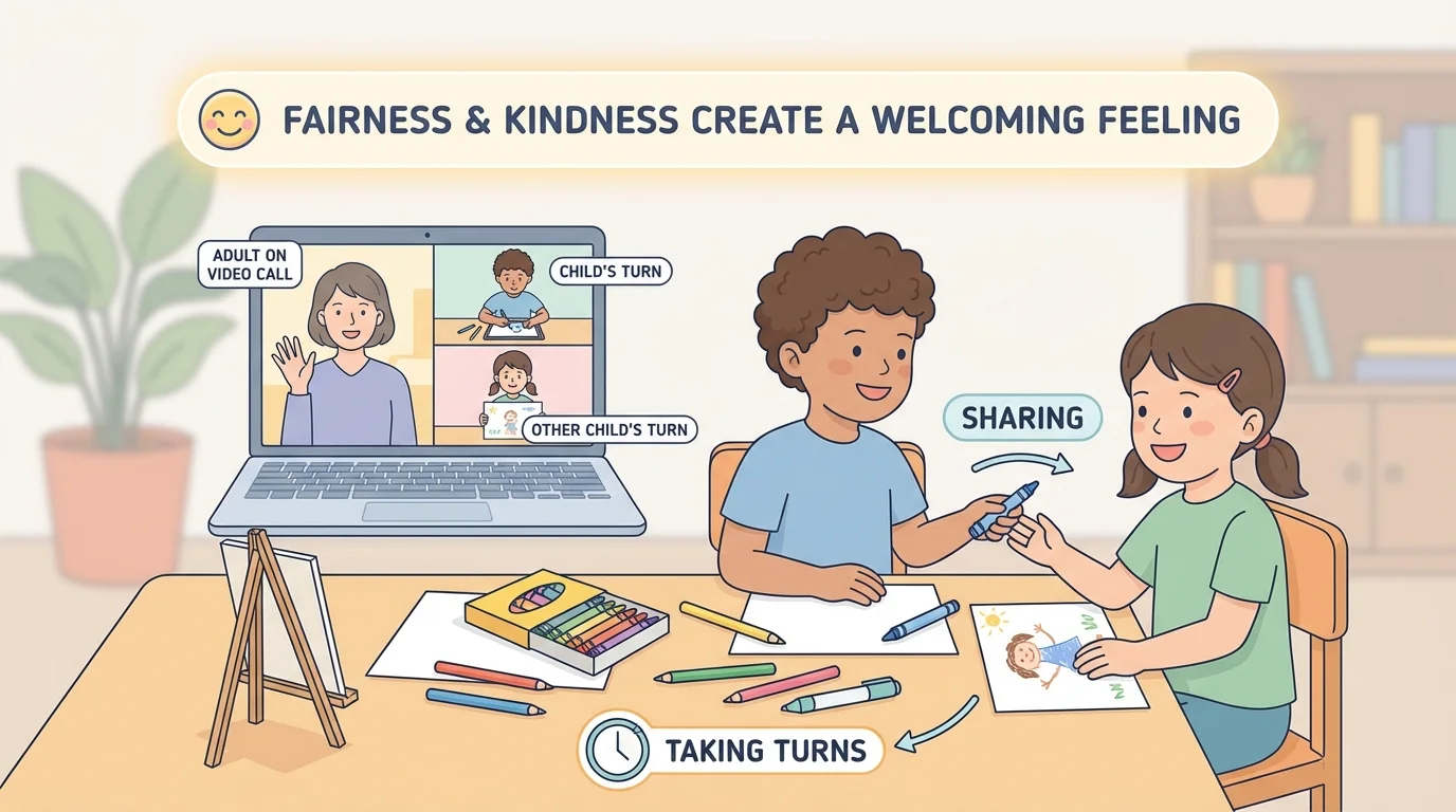 Two young children sharing art supplies and taking turns while an adult video call screen is open nearby, with each child getting a turn