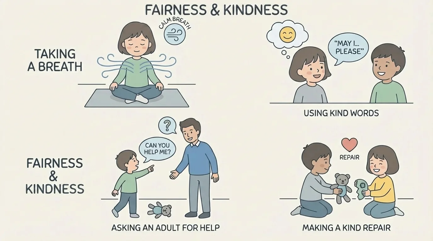 Child taking a breath, using kind words, asking an adult for help, and making a kind repair after a problem