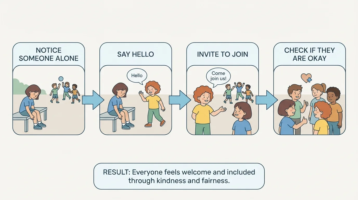 Simple flowchart showing a child noticing someone alone, saying hello, inviting them to join, and checking if they are okay