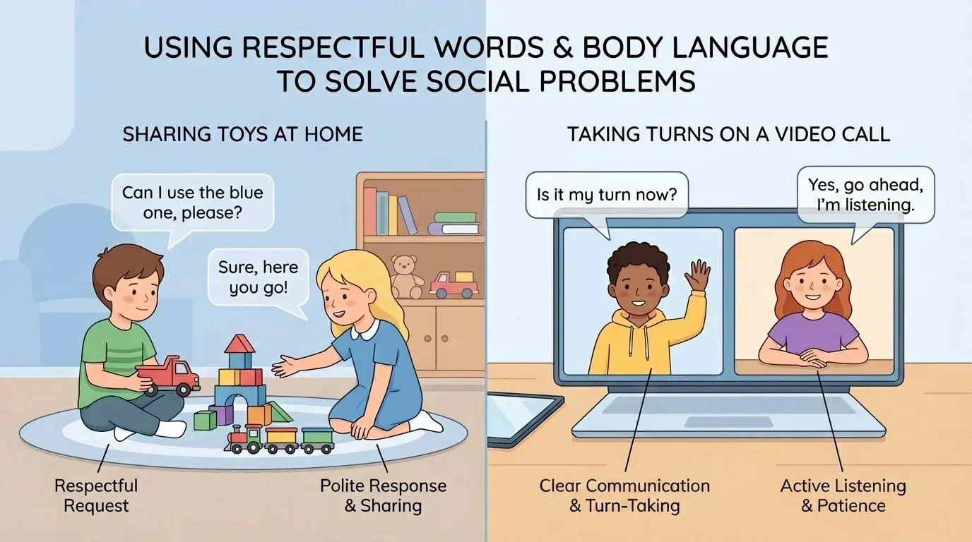 Split scene showing two children sharing toys at home and two children on a video call taking turns speaking