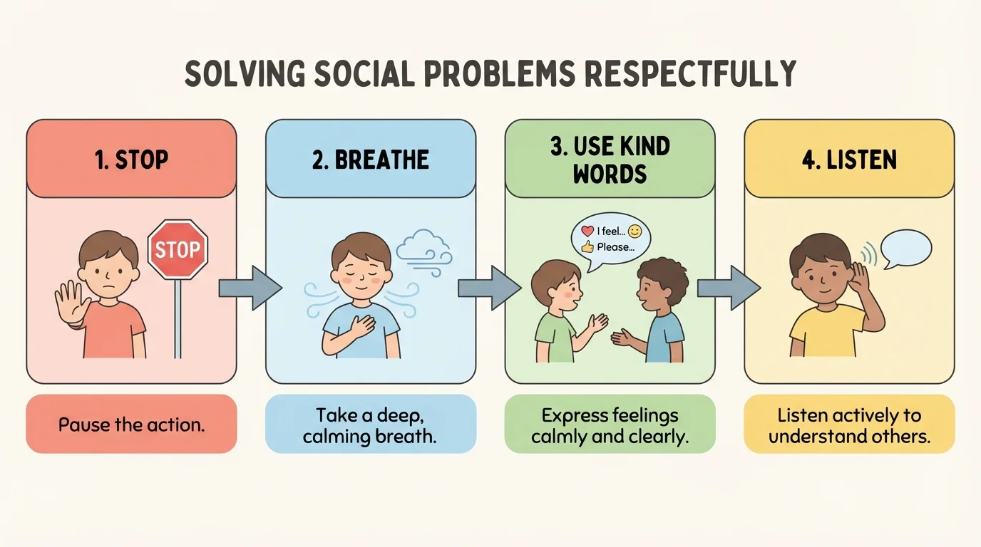Four-box flowchart with stop, breathe, use kind words, listen, shown with simple child actions