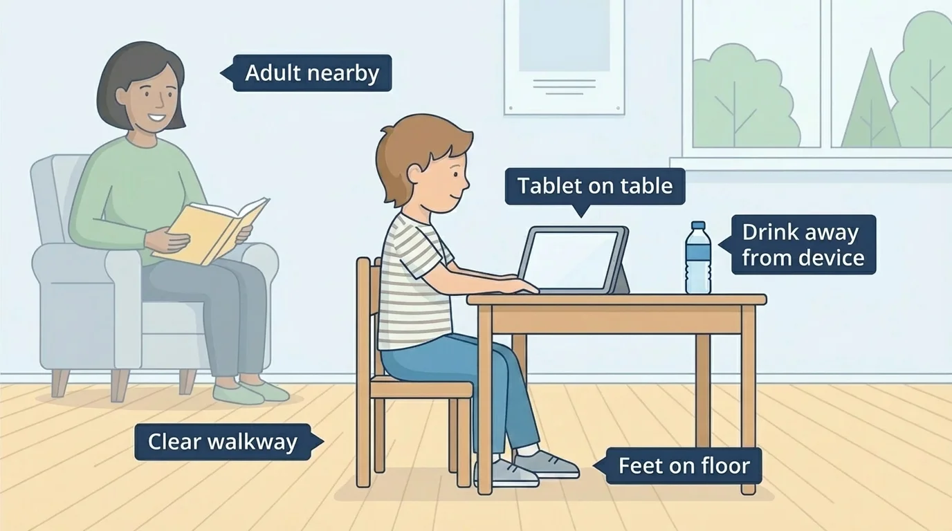 Child at a small desk with feet on floor, drink away from device, clear walkway, tablet on table, adult nearby in the room
