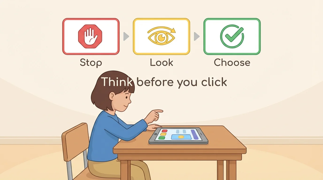 Child pausing before clicking on a tablet, with three simple picture steps labeled stop, look, choose