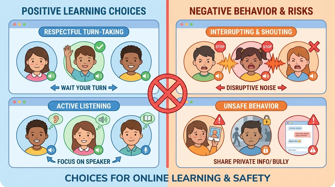 Split-screen video call with one side showing kind turn-taking and smiling listening faces, the other side showing interrupting and shouting with a red crossed-out symbol