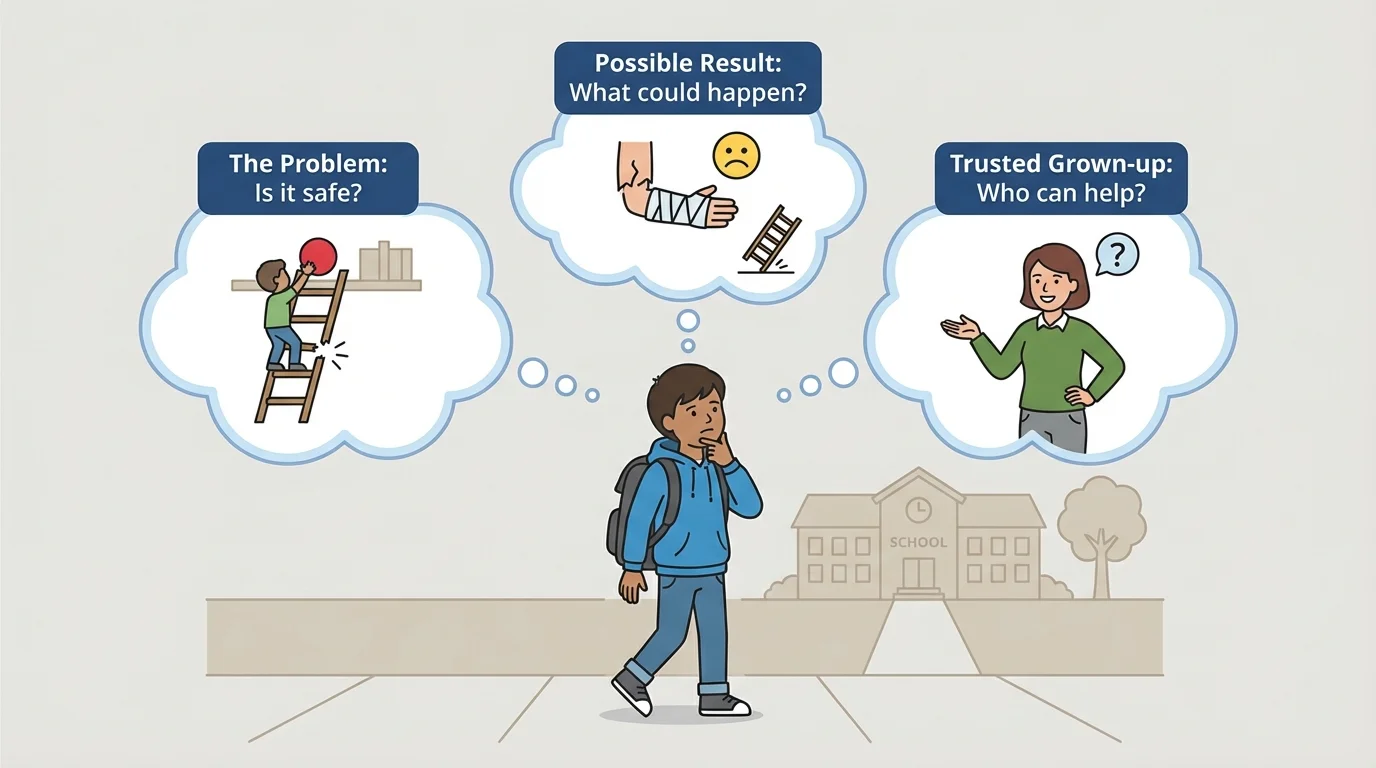 child stopping before acting, with simple thought bubbles showing a problem, a possible result, and a trusted grown-up helper