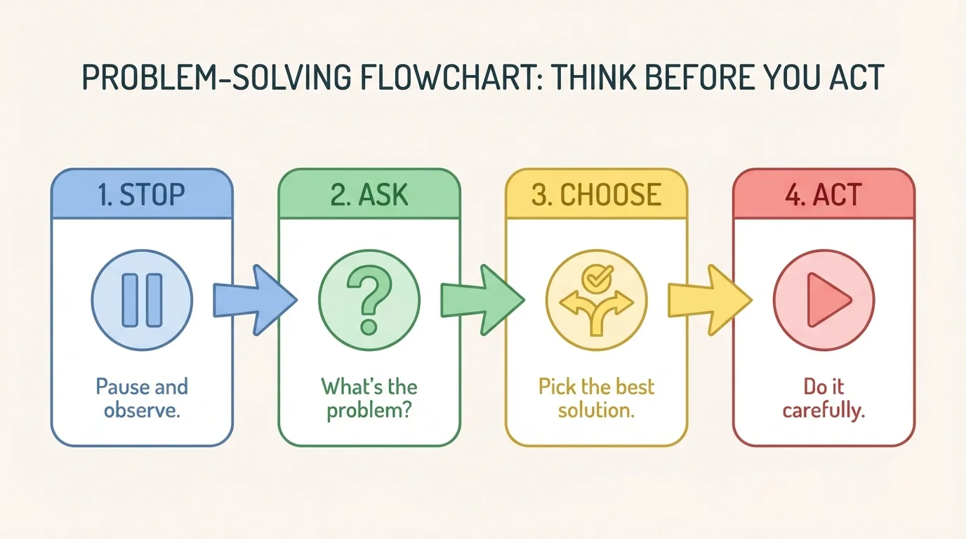 four-step flowchart labeled stop, ask, choose, act, with simple child-friendly icons for pause, question, choice, and action