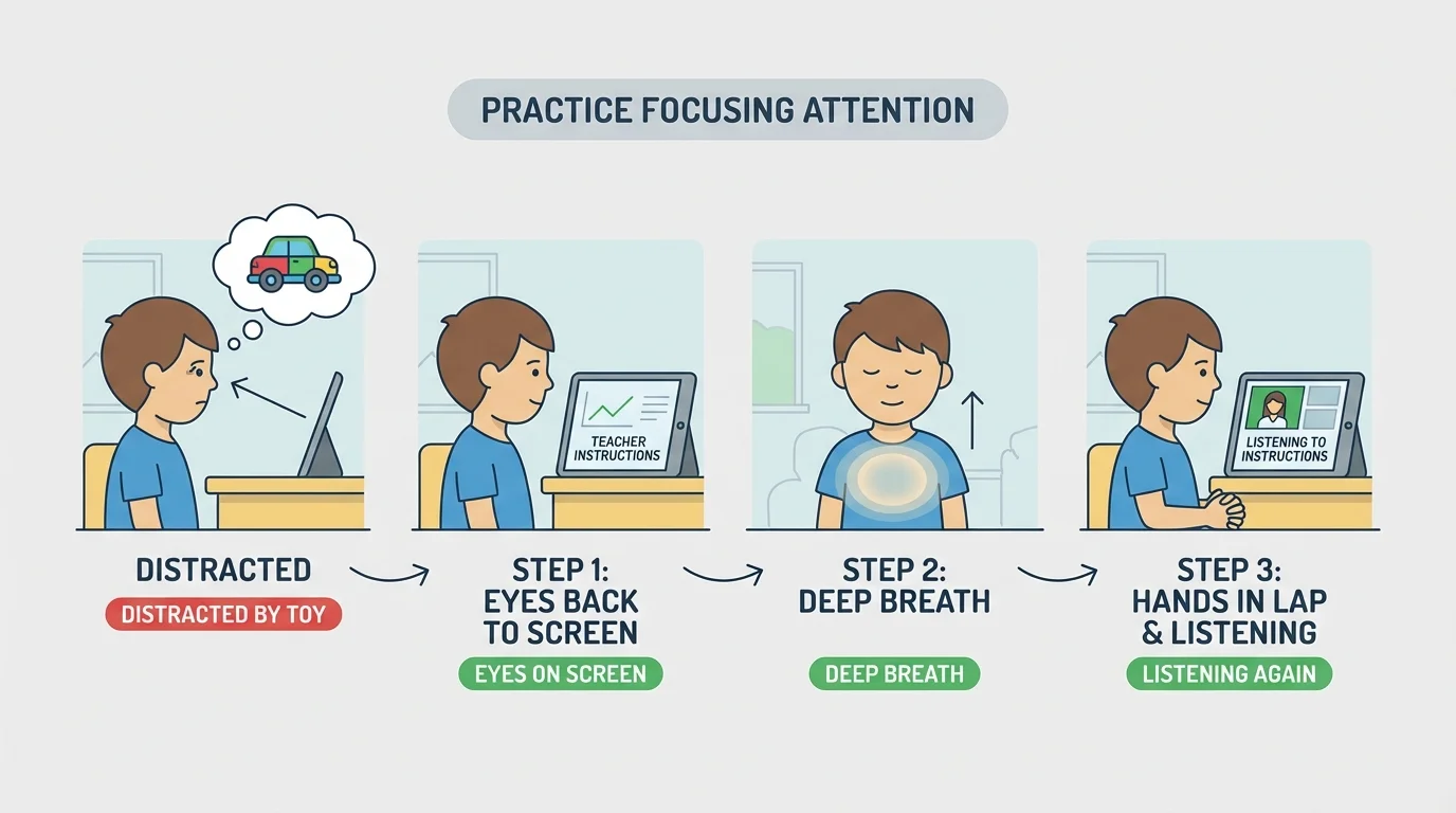 child distracted by a toy, then using reset steps with eyes back to screen, deep breath, hands in lap, and listening again