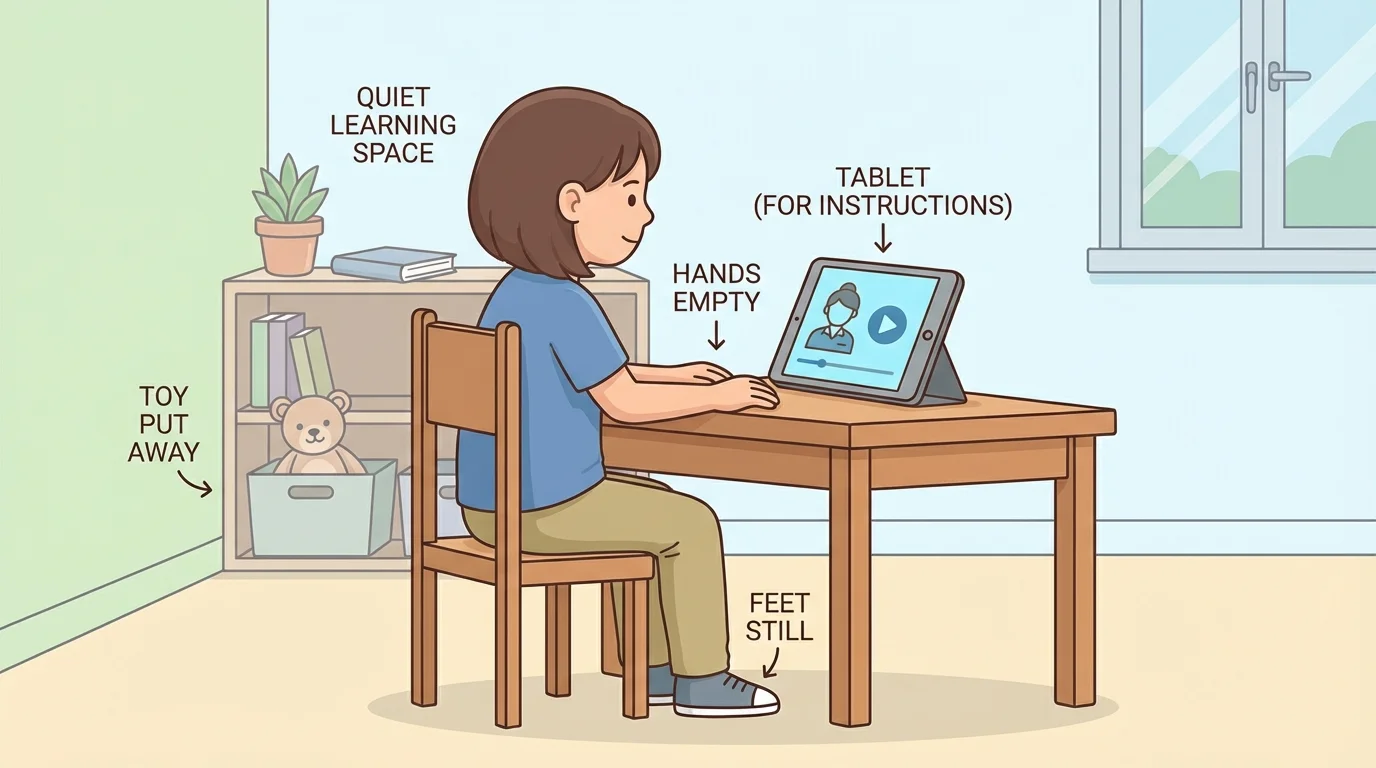 child at a home desk with tablet, feet still, hands empty, toy put away, and a simple quiet learning space
