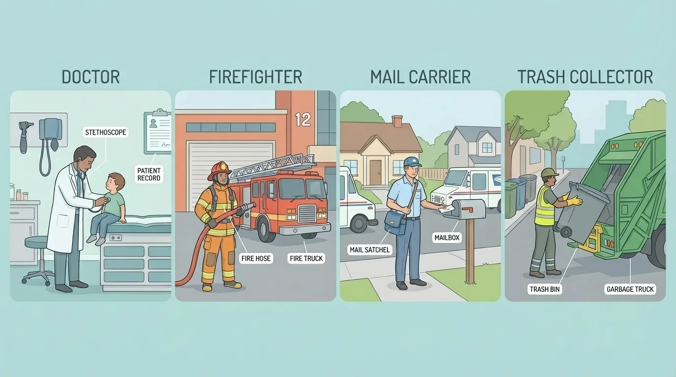 doctor helping a patient, firefighter by a truck, mail carrier delivering mail, and trash collector picking up bins on a street