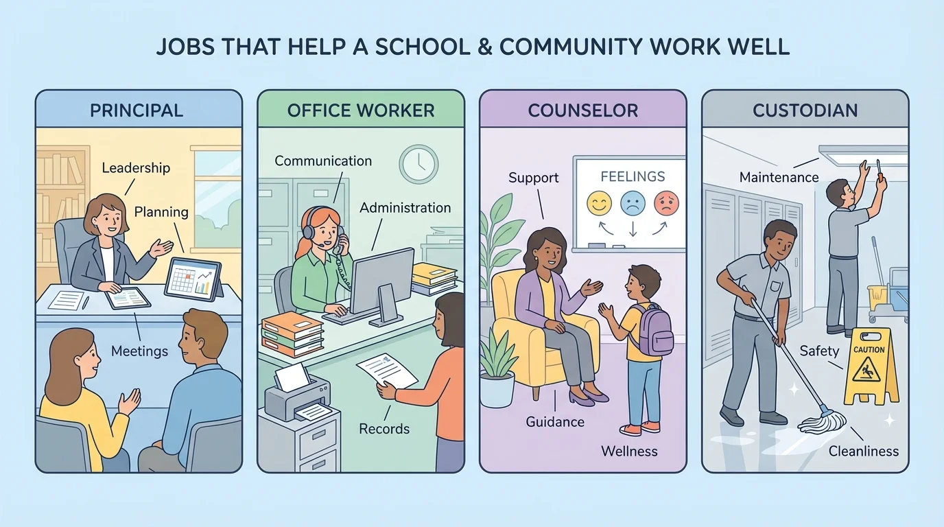 principal, office worker, counselor, and custodian each doing a helpful task in separate small panels