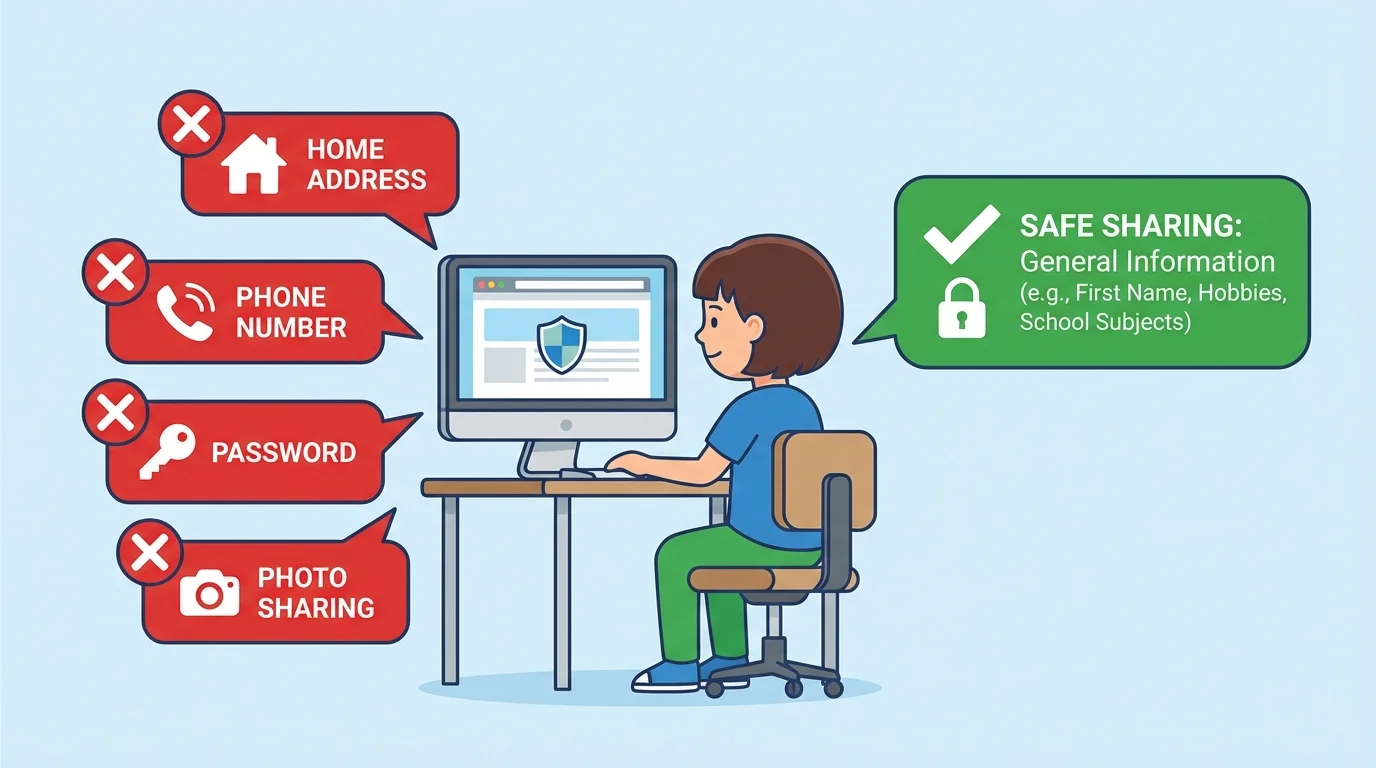 Child at a computer with speech bubbles showing safe sharing and crossed-out icons for home address, phone number, password, and photo sharing