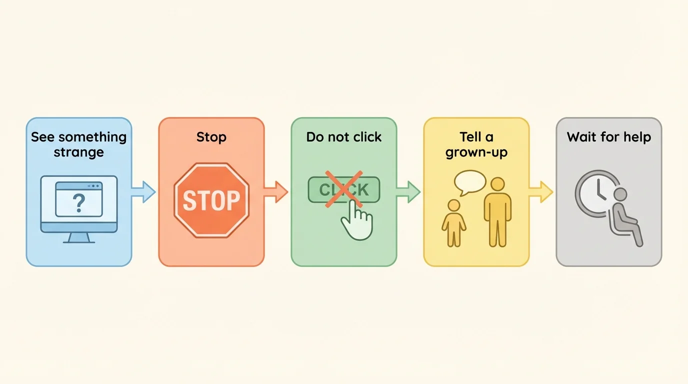 Simple child-friendly flowchart with boxes 'See something strange' to 'Stop' to 'Do not click' to 'Tell a grown-up' to 'Wait for help'