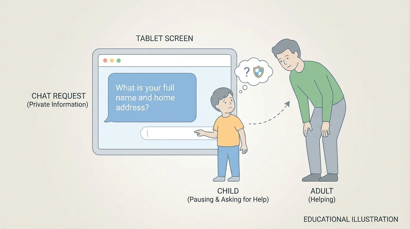 Tablet screen with a chat bubble asking for name and address, child pausing and calling an adult for help