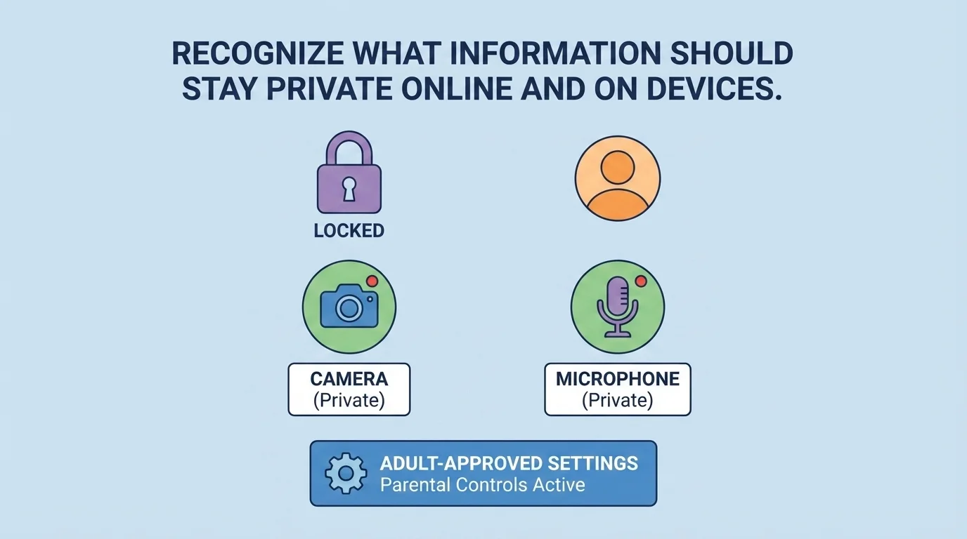 Simple tablet screen showing lock screen, camera icon, microphone icon, and adult-approved settings