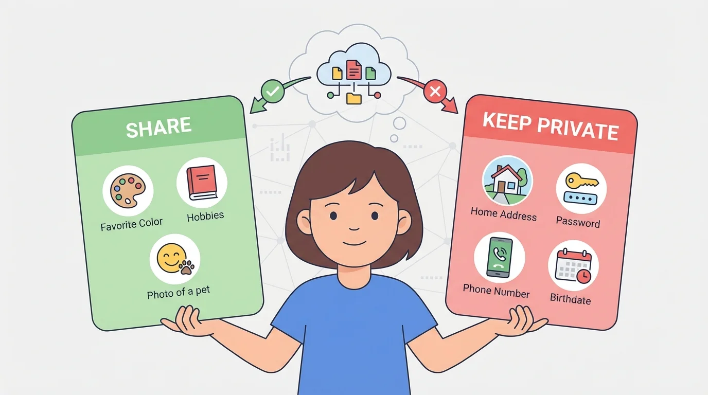 Child holding two cards labeled share and keep private, with examples like favorite color, home address, password, and phone number