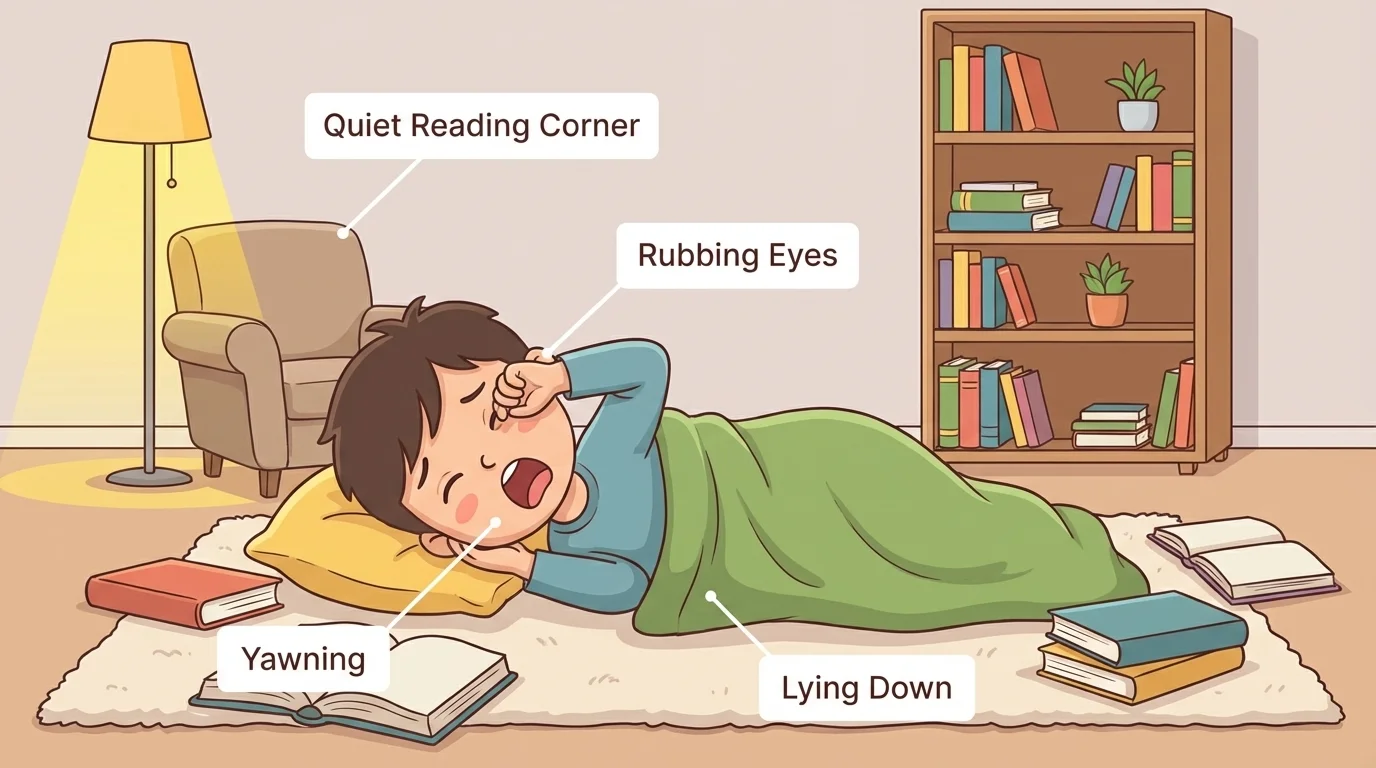 child yawning, rubbing eyes, lying down with blanket, quiet reading corner