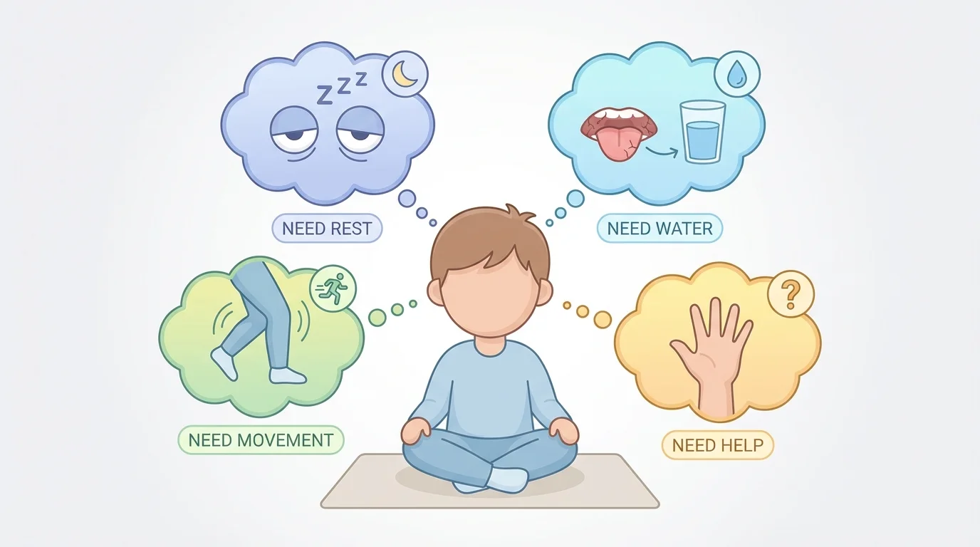 child with thought bubbles showing sleepy eyes, thirsty mouth, wiggly legs, and raised hand for help