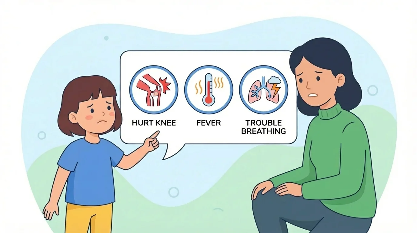 child telling a parent or caregiver about a hurt knee, fever, and trouble breathing icons