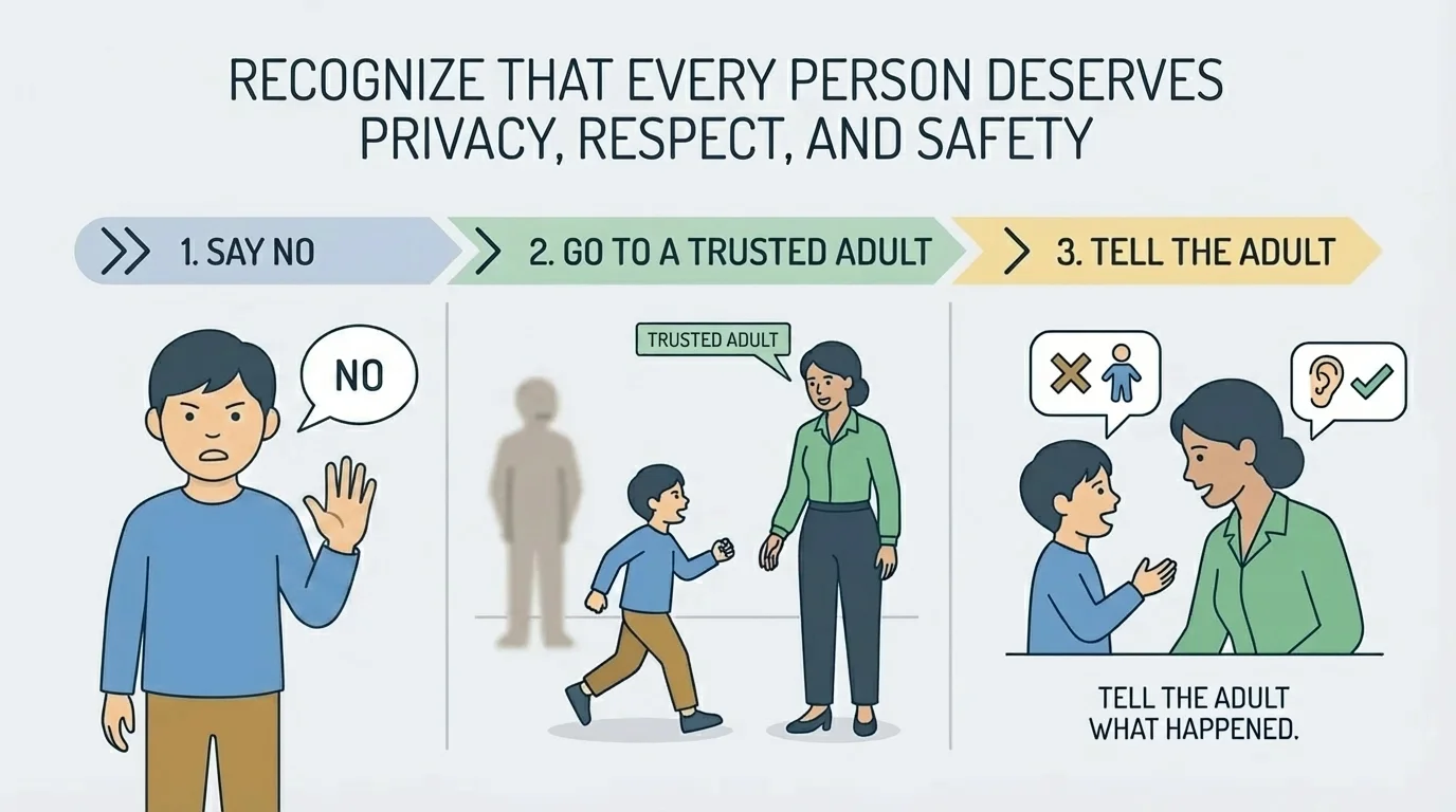 Three-part child safety scene showing a child saying No with a strong hand signal, walking to a trusted adult, and telling the adult what happened