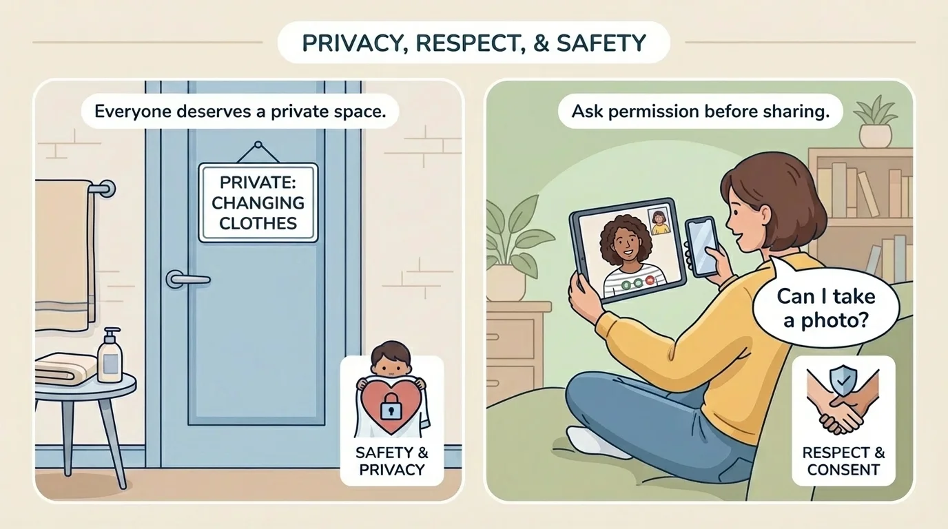 Child-friendly scene with a bathroom door closed, a child changing clothes in private, and an adult asking permission before taking a photo during a video call
