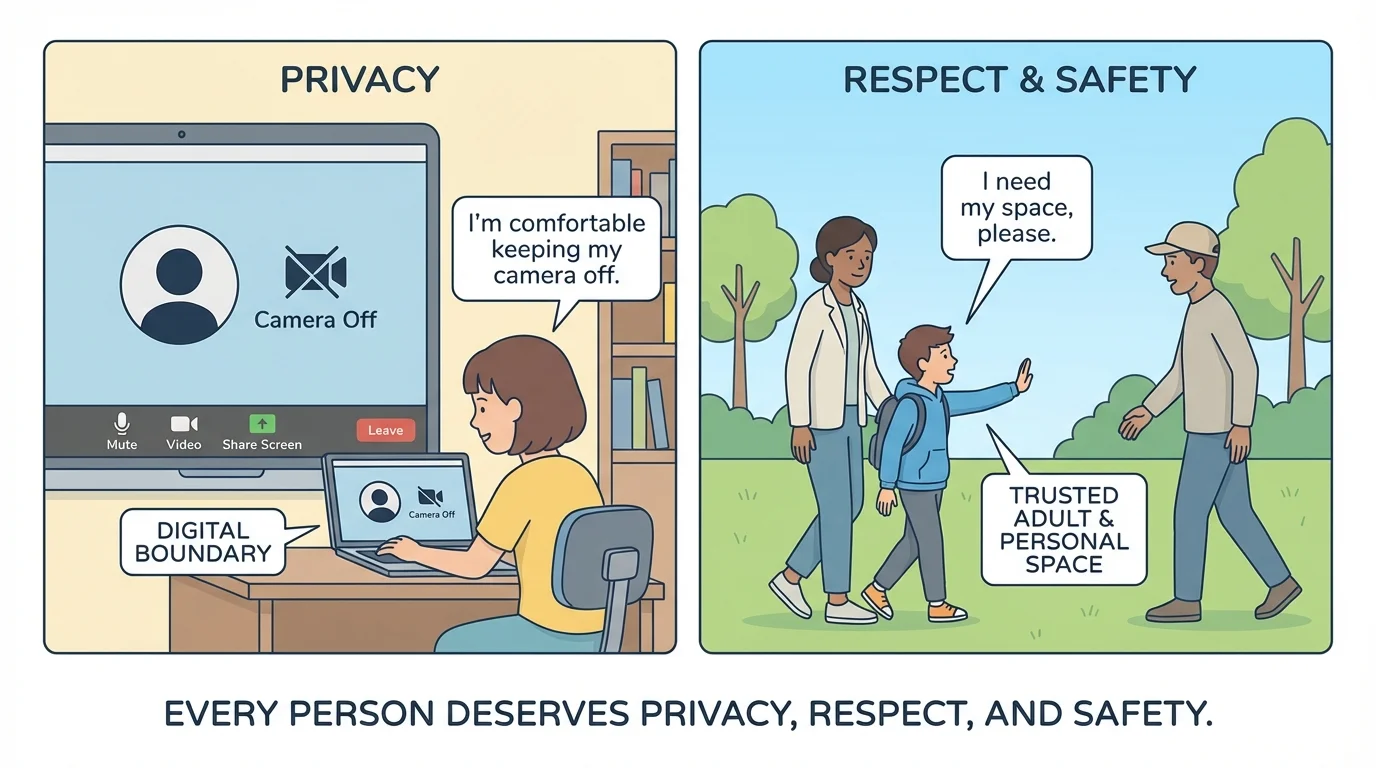 Split scene showing a child on a video call with camera-off privacy option and a child at a park staying close to a trusted adult while speaking up for space